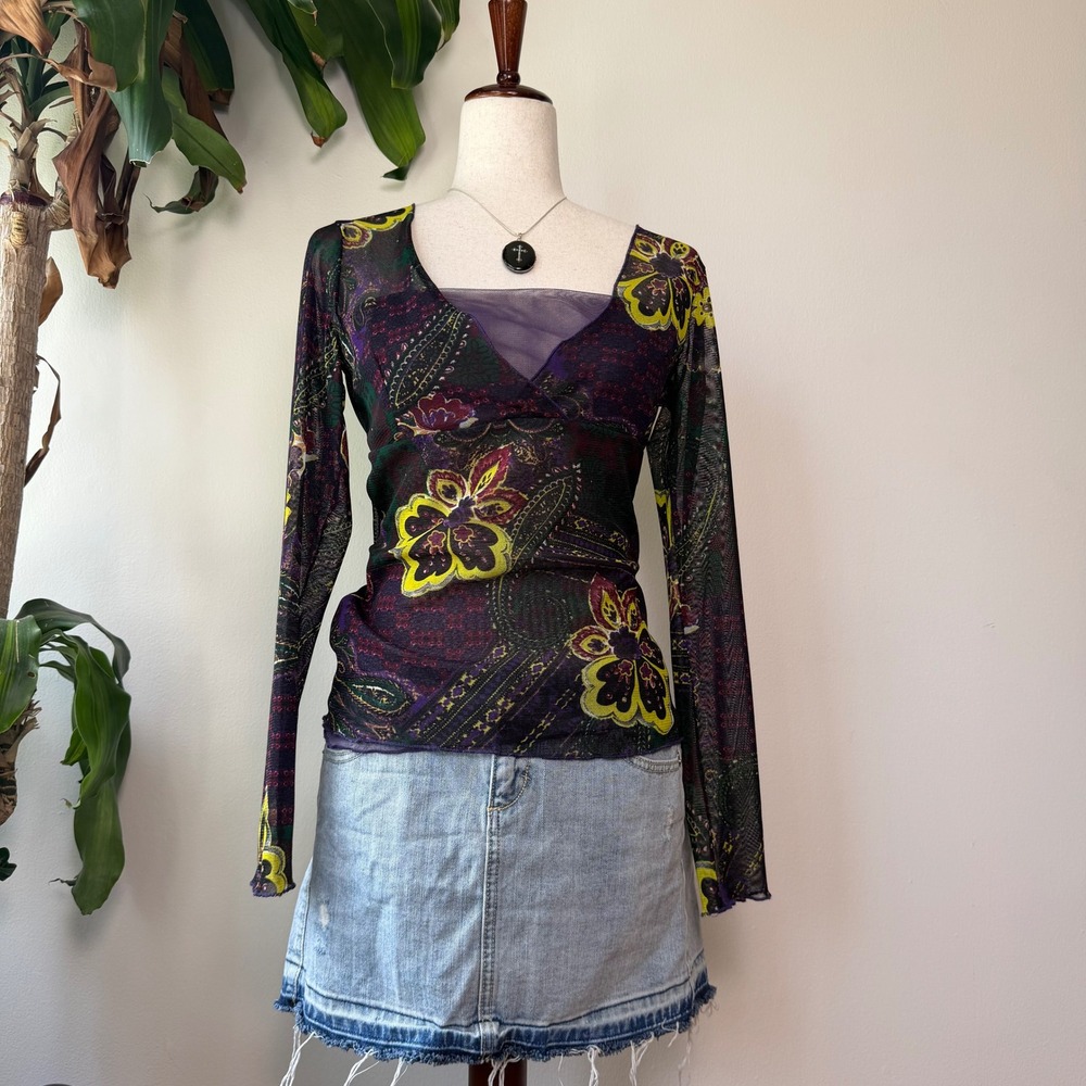 Whimsigoth Purple Paisley Sheer Mesh Floral V-Neck Long Sleeve Top double layer